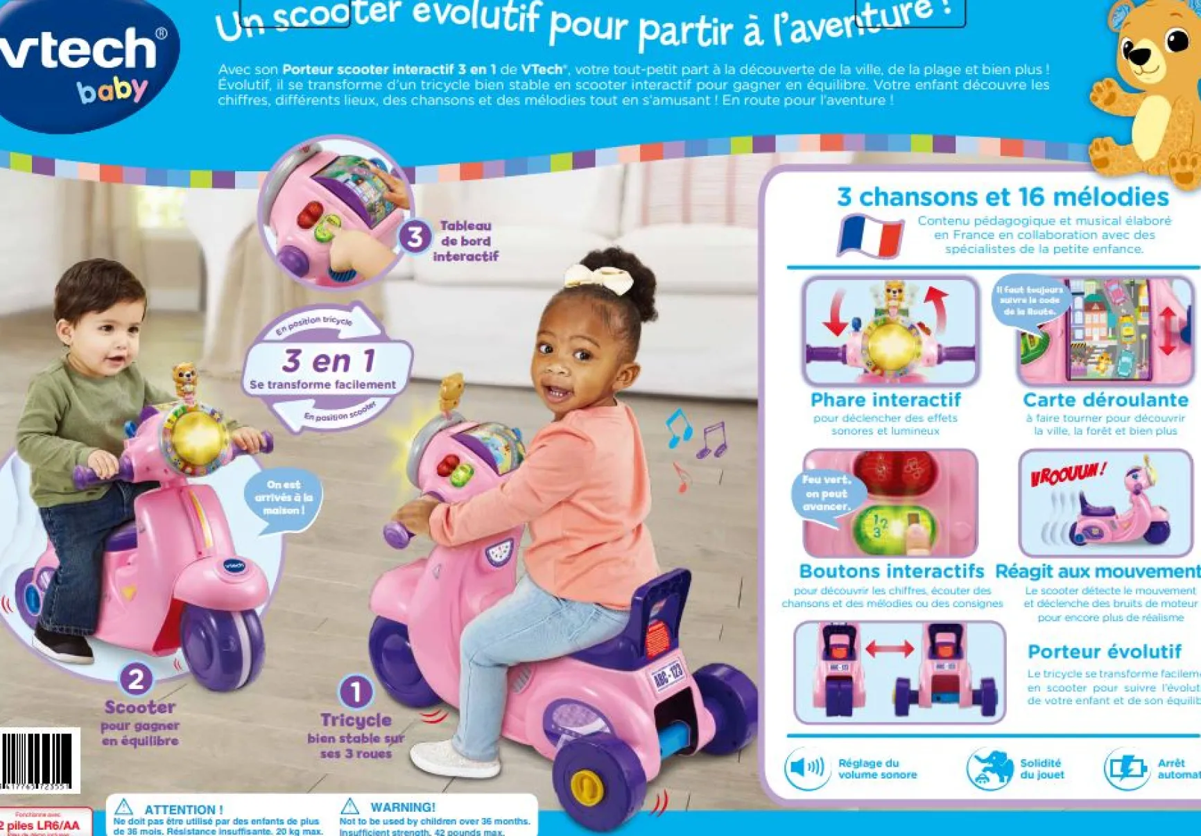 Porteur scooter interactif 3 en 1 rose